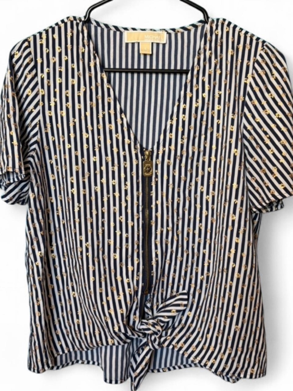 Michael Kors Striped Gold Foil Floral Tie Front Zip Top Blouse S Office